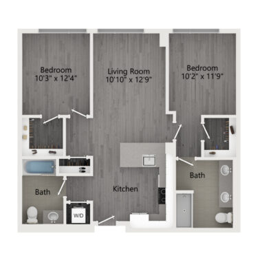 Rendering of the C1 floor plan with 2 bedroom[s] and 2 bathroom[s] at The Taft