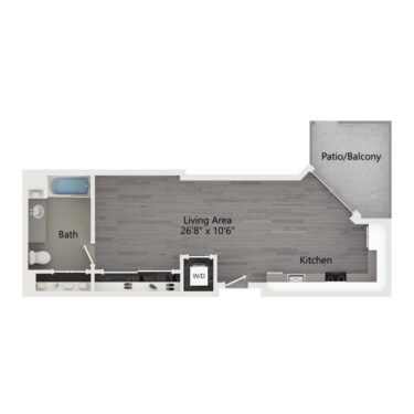 Rendering of the A1 floor plan with a Studio bedroom and 1 bathroom[s] at The Taft