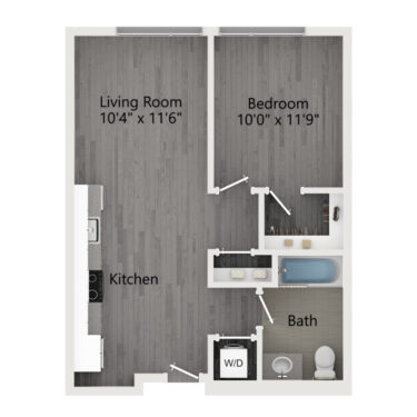 Rendering of the B floor plan with 1 bedroom[s] and 1 bathroom[s] at The Taft