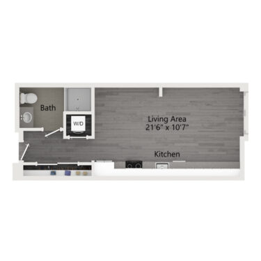 Rendering of the A floor plan with a Studio bedroom and 1 bathroom[s] at The Taft