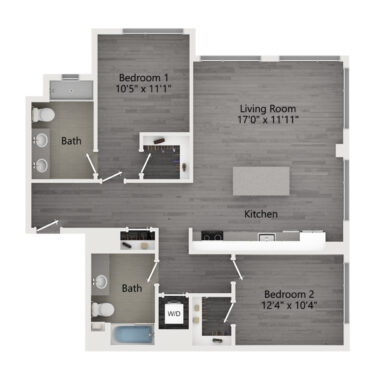 Rendering of the C3 floor plan with 2 bedroom[s] and 2 bathroom[s] at The Taft