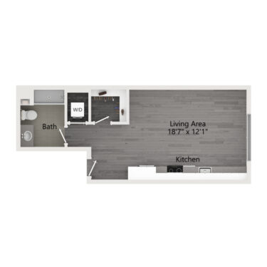 Rendering of the A2 floor plan with a Studio bedroom and 1 bathroom[s] at The Taft