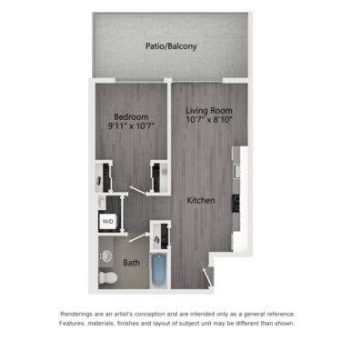 Rendering of the B2 floor plan with 1 bedroom[s] and 1 bathroom[s] at The Taft