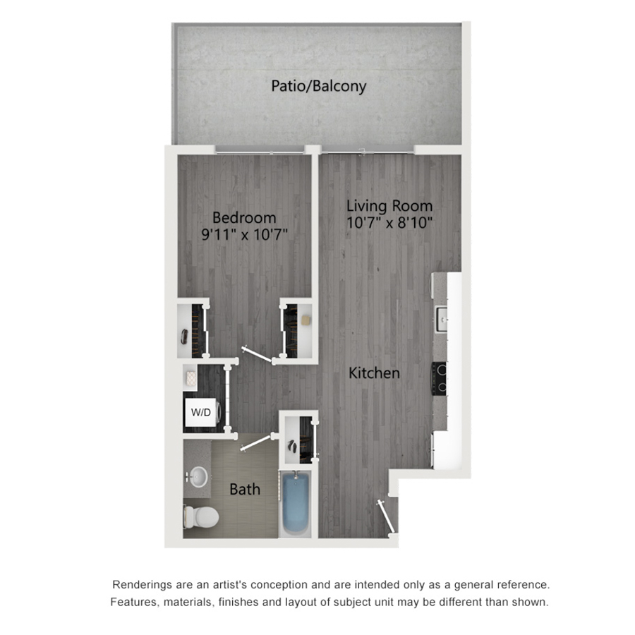 Rendering of the B2 floor plan with 1 bedroom[s] and 1 bathroom[s] at The Taft