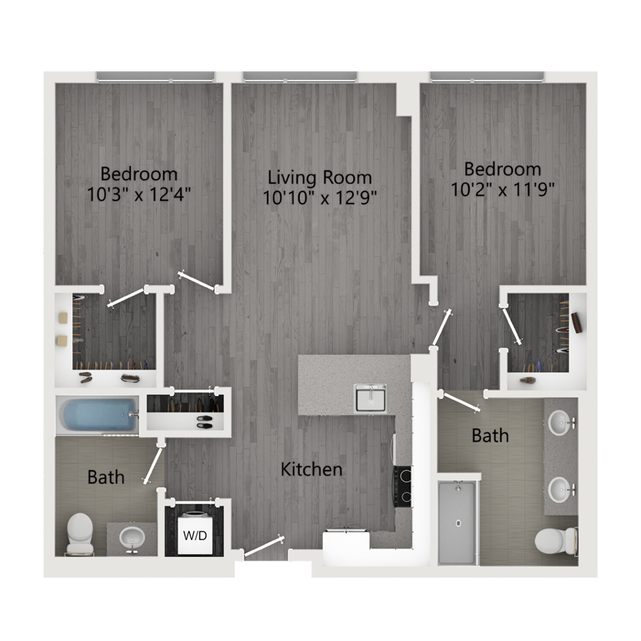 Rendering of the C1 floor plan with 2 bedroom[s] and 2 bathroom[s] at The Taft