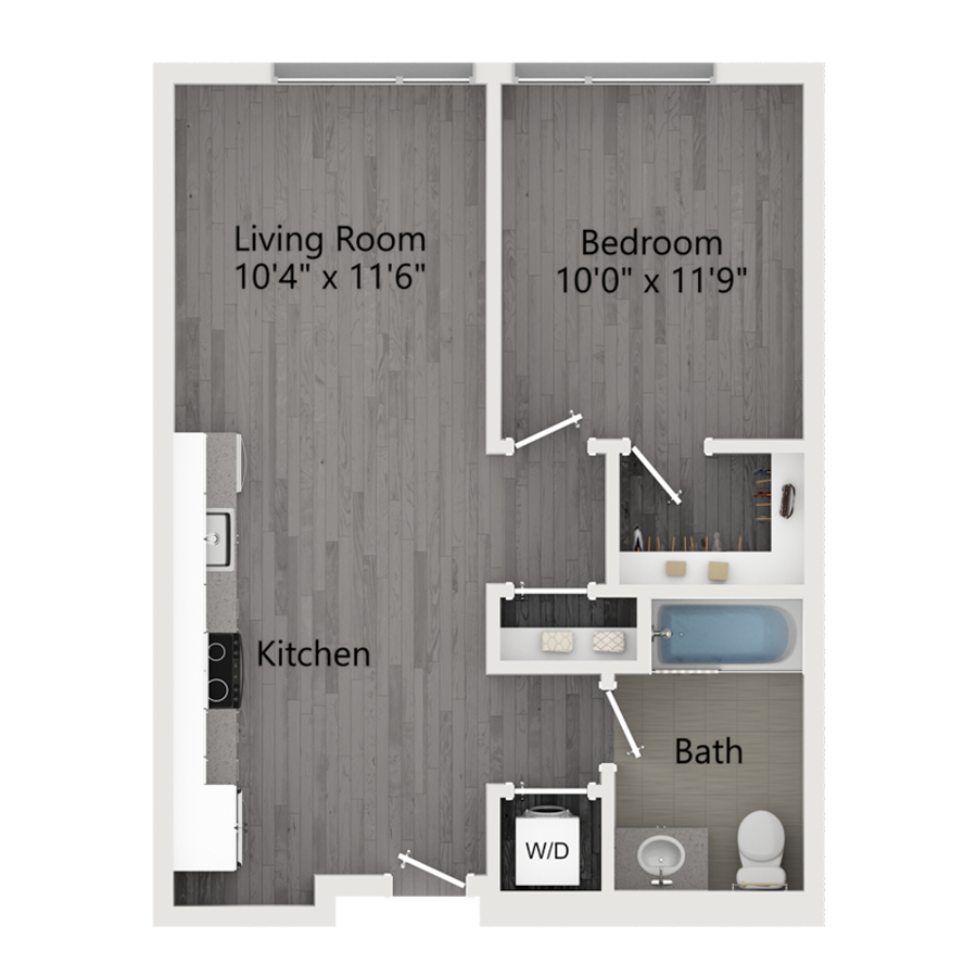 Rendering of the B floor plan with 1 bedroom[s] and 1 bathroom[s] at The Taft