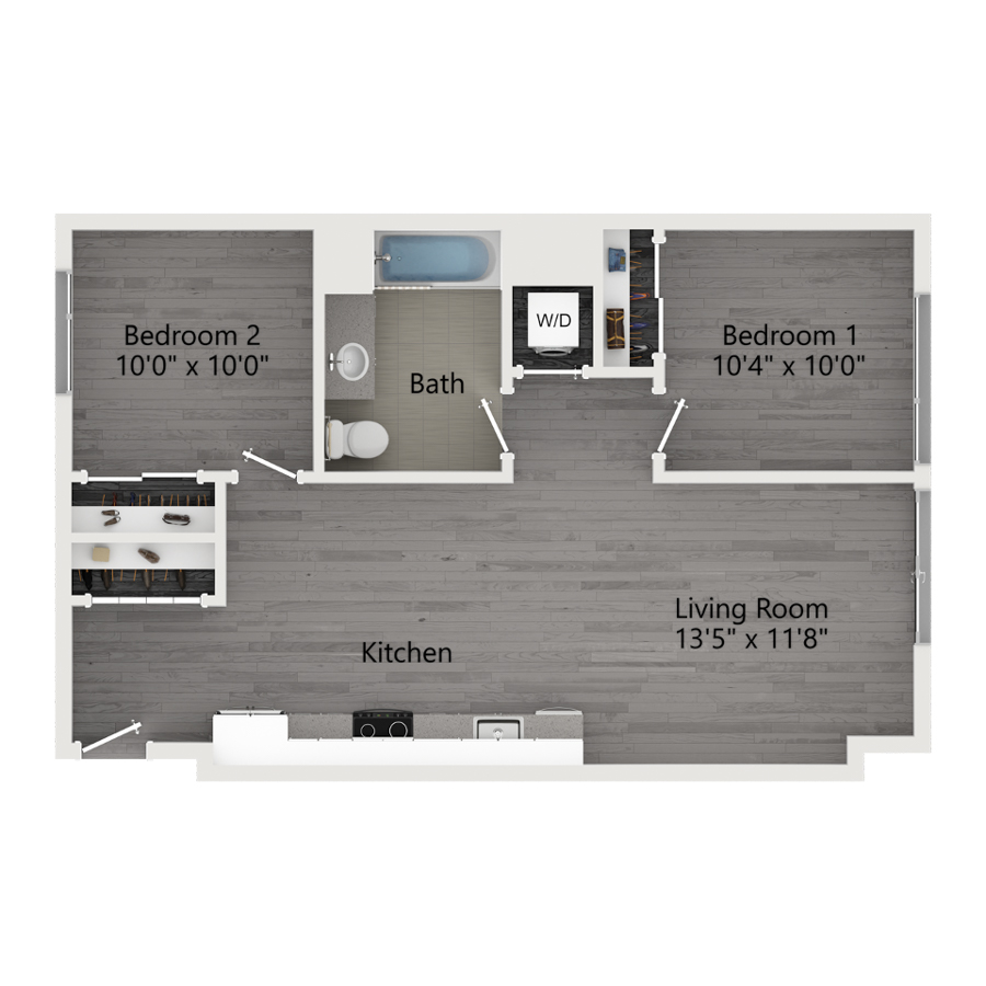 Rendering of the C floor plan with 2 bedroom[s] and 1 bathroom[s] at The Taft