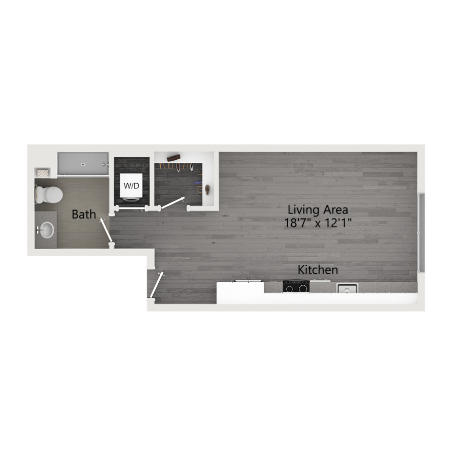 Rendering of the A2 floor plan with a Studio bedroom and 1 bathroom[s] at The Taft