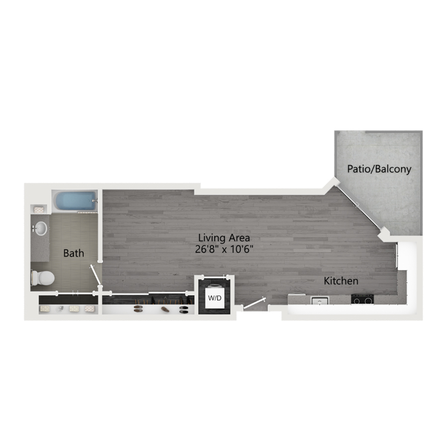 Rendering of the A1 floor plan with a Studio bedroom and 1 bathroom[s] at The Taft