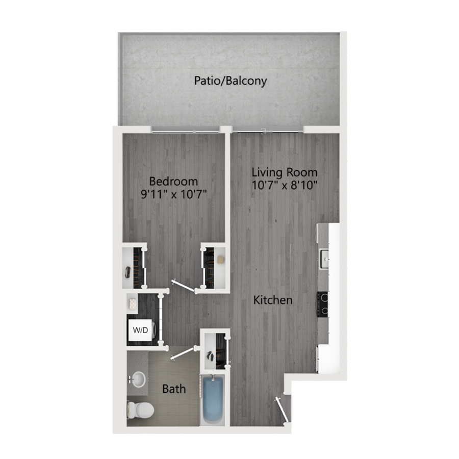 Rendering of the B1 floor plan with 1 bedroom[s] and 1 bathroom[s] at The Taft